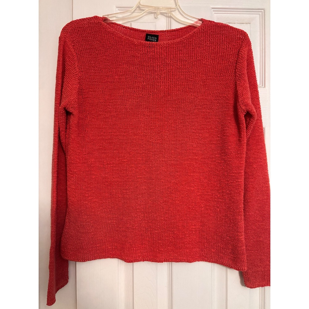 Eileen Fisher Red Scoop Neck Lightweight Knit Sweater